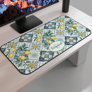 Blue Tile Monogram French Country Lemon Pattern Desk Mat
