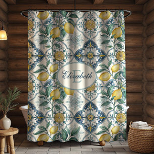 Blue Tile Monogram French Country Lemon Pattern Shower Curtain