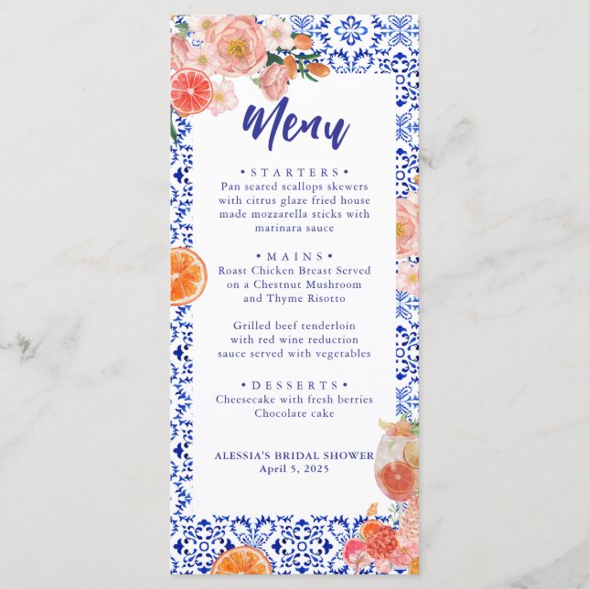 Blue Tile Orange Italian Bridal Shower Menu Card (Front)