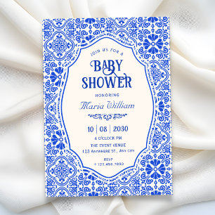 Blue tile pattern art baby shower invitation