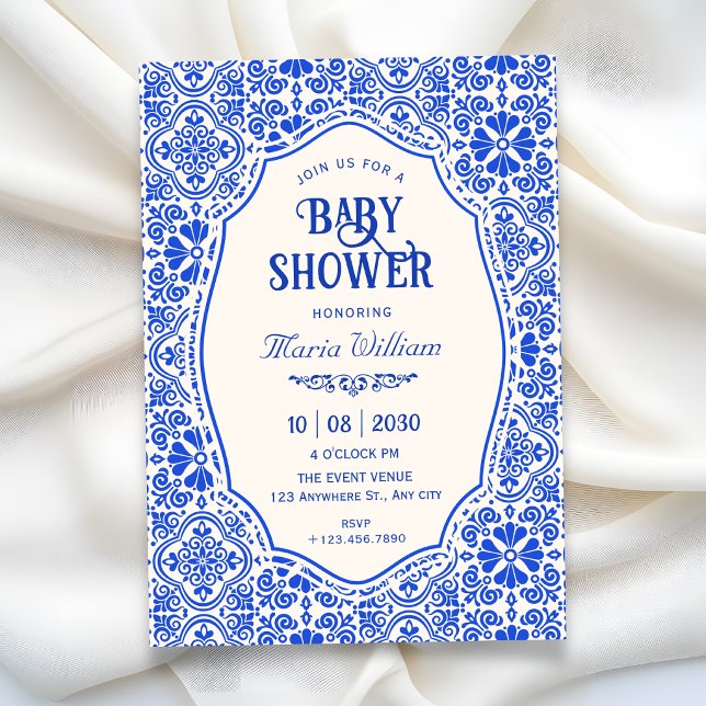 Blue tile pattern art baby shower invitation (Creator Uploaded)