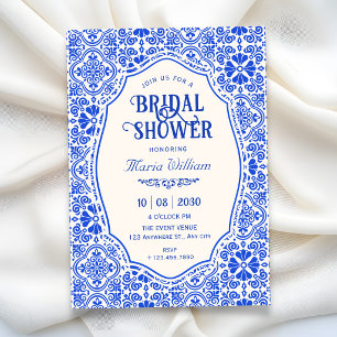 Blue tile pattern art bridal shower invitation
