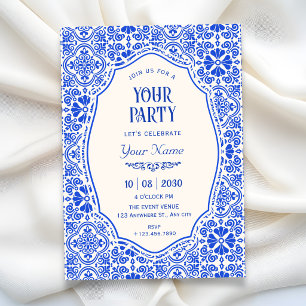 Blue tile pattern art invitation