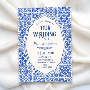 Blue tile pattern art wedding invitation