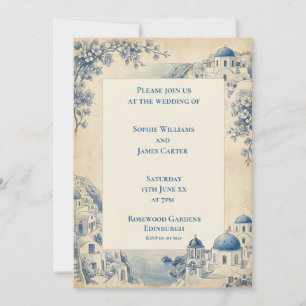 Blue Tile Santorini Border Wedding Invitation