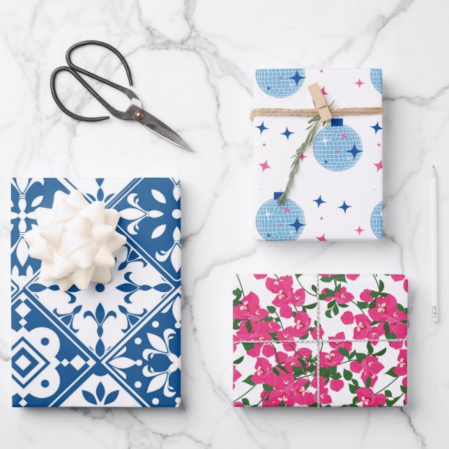 Blue Tile Santorini Greek/ Spanish themed Wrapping Paper Sheet (Front)