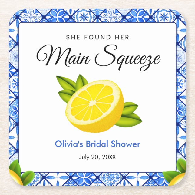 Blue Tile She Found Her Main Squeeze Bridal Shower Square Paper Coaster (Front)