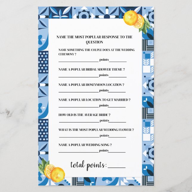 Blue Tile theme Lemon Positano Bridal Shower Games (Front)