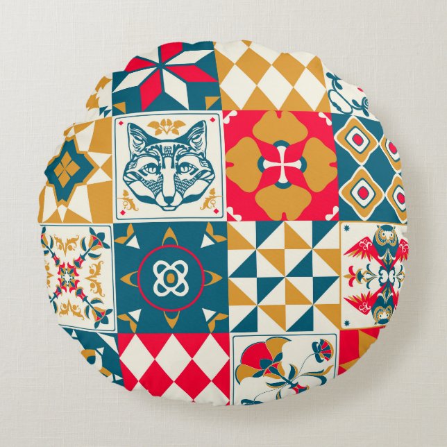 Blue Tile: Vintage Mosaic Background. Round Cushion (Front)