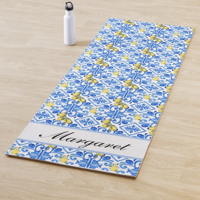 Blue Tile Yellow Lemon Watercolor Monogram Name Yoga Mat (In Situ)