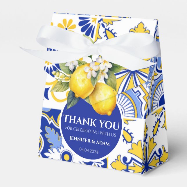 Blue Tiles Amalfi Lemon Wedding Thank You Bag Favour Box (Front Side)