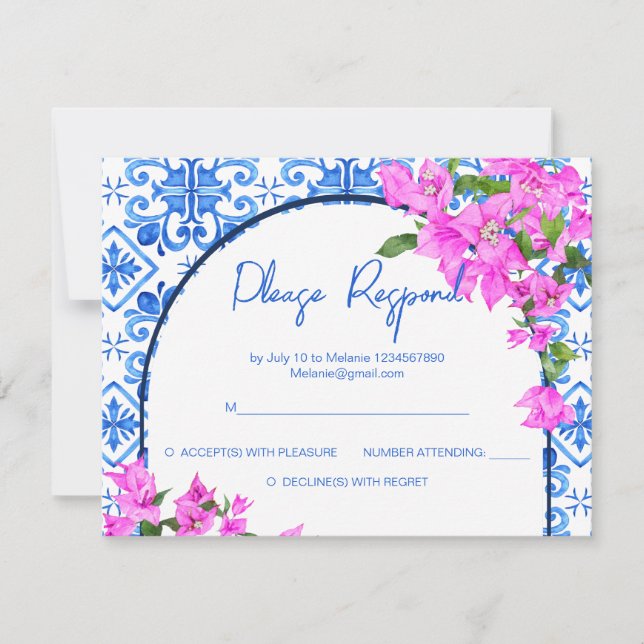 Blue Tiles and Bougainvillea elegant Mediterranean Invitation (Front)