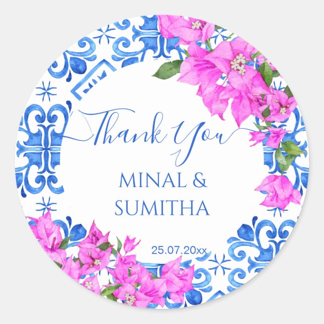 Blue Tiles and Bougainvillea elegant thank you Classic Round Sticker (Front)
