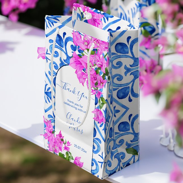 Blue Tiles and Bougainvillea elegant thank you Small Gift Bag (Blue Tiles and Bougainvillea elegant thank you Small Gift Bag favor bag Mediterranean themed favors)