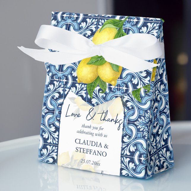 Blue tiles and lemon Amalfi Italian wedding thank Favour Box (Blue tiles and lemon Amalfi Italian wedding thank Favor Box)