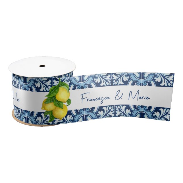 Blue tiles and lemon personalised name gift satin ribbon (Spool)