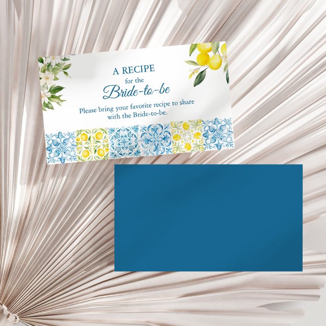 Blue Tiles and Lemons Bridal Shower Share A Recipe Enclosure Card (Blue Tiles and Lemons Bridal Shower Share A Recipe Enclosure Card on a white dry palm leaf.)