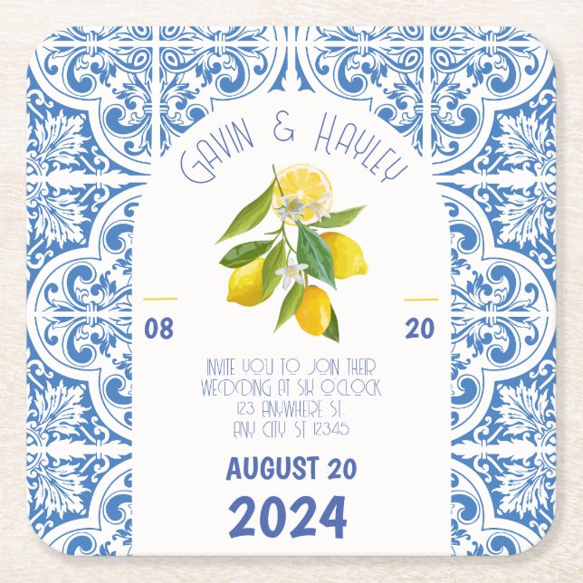 Blue Tiles and Lemons Portugal Wedding Paper Coast Square Paper Coaster (Front)