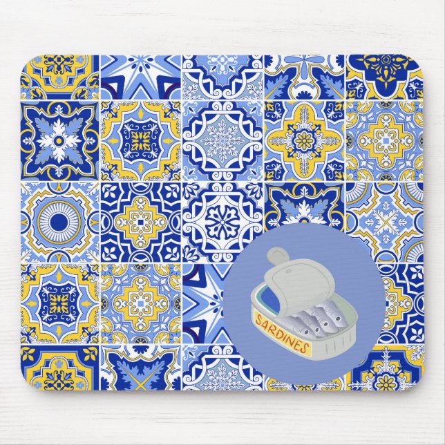  Blue Tiles and Sardines Mouse Mat (Front)