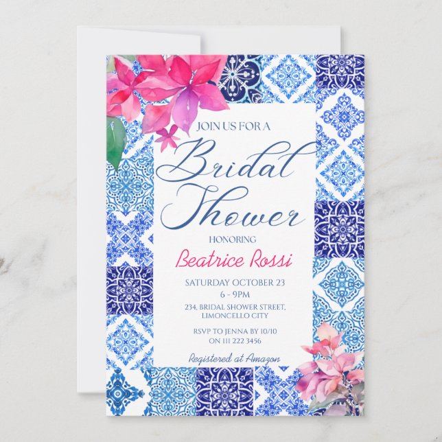 Blue Tiles Bougainvillea Amalfi Bridal Shower Invitation (Front)
