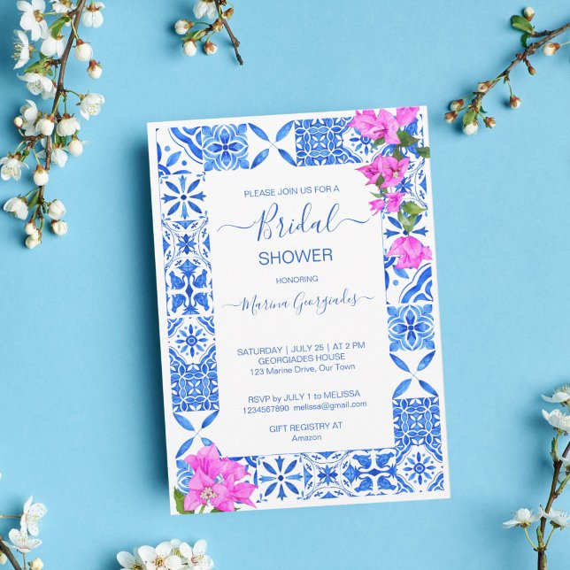 Blue Tiles Bougainvillea elegant bridal shower Invitation (Creator Uploaded)