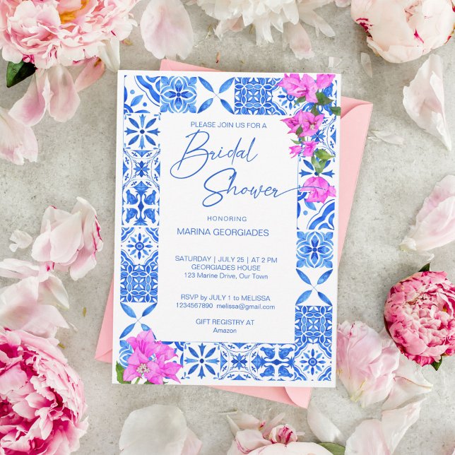 Blue Tiles Bougainvillea elegant bridal shower Invitation (Blue Tiles Bougainvillea elegant Mediterranean Greek bridal shower Invitation template download)