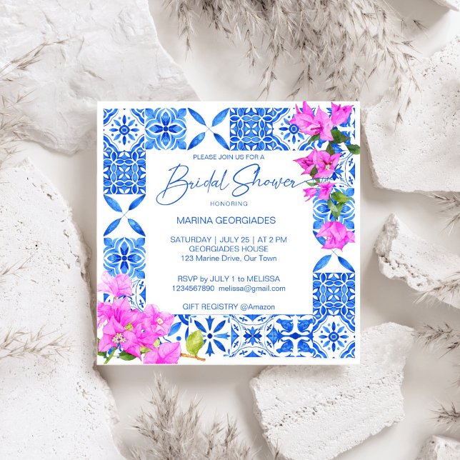 Blue Tiles Bougainvillea elegant bridal shower Invitation (Blue Tiles Bougainvillea Mediterranean Italian themed elegant bridal shower Invitation template)