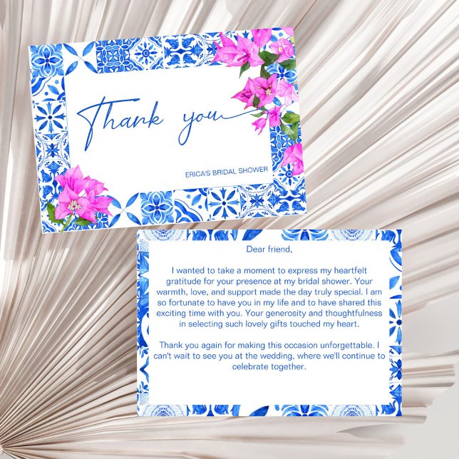 Blue Tiles Bougainvillea elegant bridal shower Thank You Card (Blue Tiles Bougainvillea Mediterranean elegant bridal shower Thank You Card )