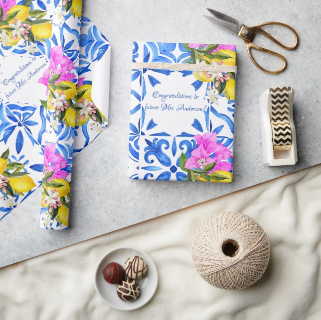 Blue Tiles Bougainvillea elegant personalised Wrapping Paper (Crafts)