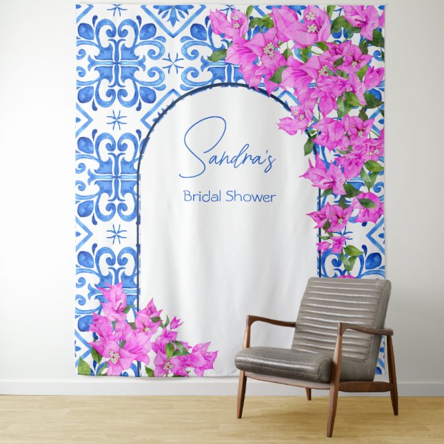 Blue Tiles Bougainvillea elegant photo background Tapestry (In Situ)