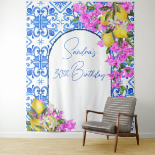 Blue Tiles Bougainvillea elegant photo background Tapestry