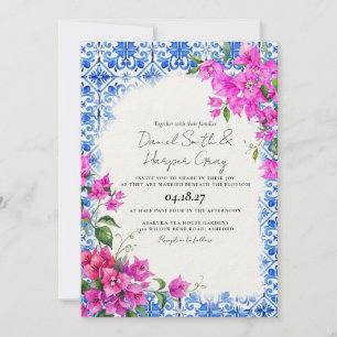 Blue Tiles Bougainvillea Elegant Wedding Invitation
