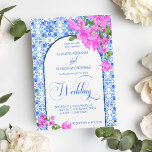 Blue Tiles Bougainvillea elegant wedding  Invitation<br><div class="desc">Blue Tiles and Bougainvillea elegant Mediterranean Greek Santorini Mykonos themed wedding invitation template instant download all in one - with qr rsvp code at the back,  just add your url address and Zazzle will generate code for you.</div>