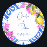 Blue Tiles Bougainvillea lemons elegant wedding  Classic Round Sticker<br><div class="desc">Blue Tiles and Bougainvillea lemons elegant Mediterranean Greek Santorini Mykonos themed wedding envelope stickers bride and groom name stickers</div>