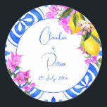 Blue Tiles Bougainvillea lemons elegant wedding  Classic Round Sticker<br><div class="desc">Blue Tiles and Bougainvillea lemons elegant Mediterranean Greek Santorini Mykonos themed wedding envelope stickers bride and groom name stickers</div>