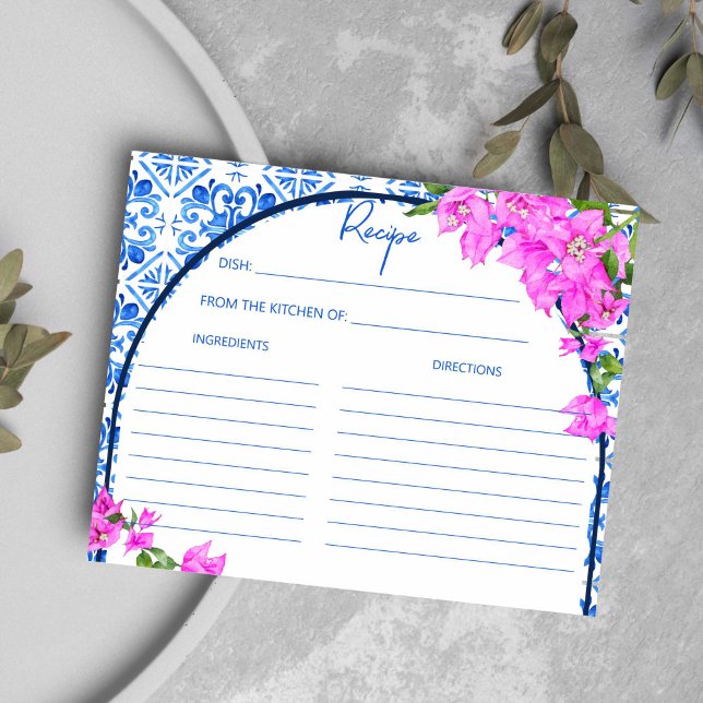Blue Tiles Bougainvillea Mediterranean Recipe card (Blue Tiles Bougainvillea Mediterranean bridal shower Recipe card Italian Greek bridal shower)