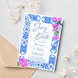 Blue Tiles Bougainvillea photo save the date Invitation<br><div class="desc">Blue Tiles Bougainvillea modern casual script elegant photo save the date Invitation template instant download.</div>