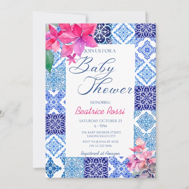 Blue Tiles Floral Amalfi Italian Baby Shower Invitation (Front)