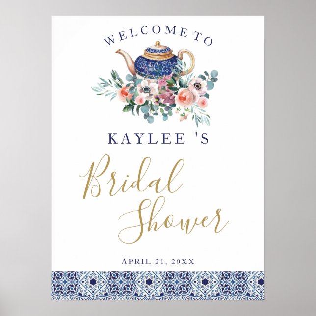 Blue tiles floral teapot Bridal Showerwelcome sign (Front)