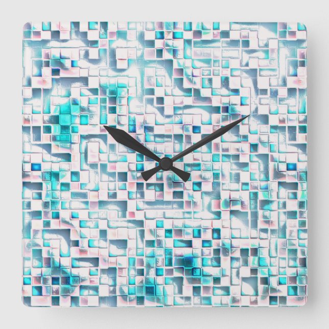 Blue tiles in textured rough style, mosaic square  square wall clock (Front)