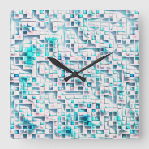 Blue tiles in textured rough style, mosaic square  wall clock