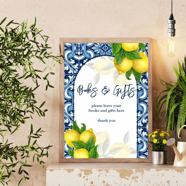 Blue tiles lemon Amalfi baby shower gifts sign (Blue tiles lemon Amalfi Mediterranean baby shower books and gifts table sign personalized decor)