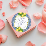 Blue tiles lemon Amalfi party thank you Classic Round Sticker<br><div class="desc">Blue tiles and lemon Amalfi Positano Mediterranean style bridal shower  thank you stickers,  Morocco style carved border.</div>