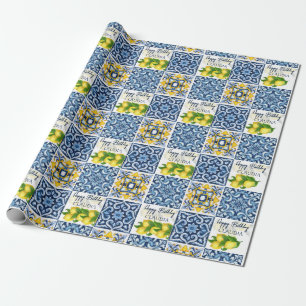 Blue tiles lemon Amalfi Positano birthday custom Wrapping Paper