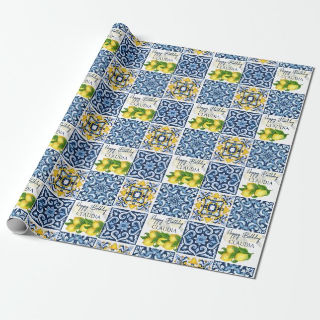 Blue tiles lemon Amalfi Positano birthday custom Wrapping Paper (Unrolled)