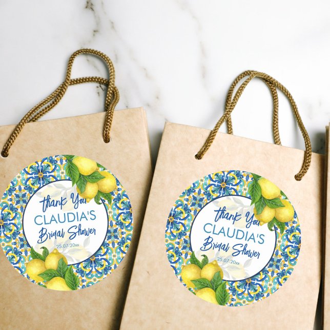 Blue tiles lemon Amalfi Positano bridal shower Classic Round Sticker (Blue tiles lemon Amalfi Positano bridal shower favor Sticker thank you gift stickers)