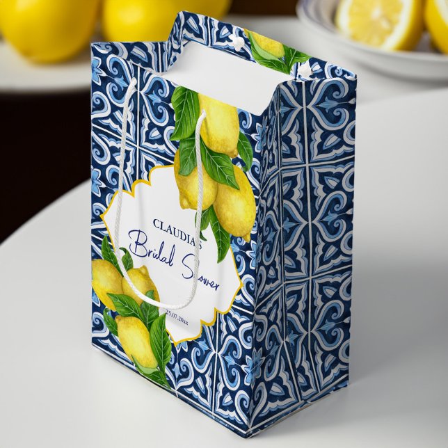 Blue tiles lemon Amalfi Positano bridal shower Medium Gift Bag (Blue tiles lemon Amalfi Positano bridal shower Medium Gift Bag bridal shower favor bag)