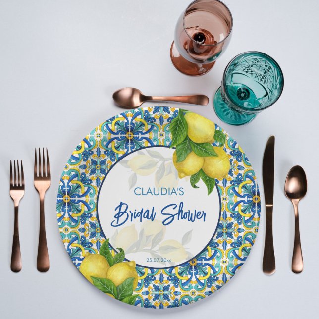 Blue tiles lemon Amalfi Positano bridal shower  Paper Plate (Creator Uploaded)