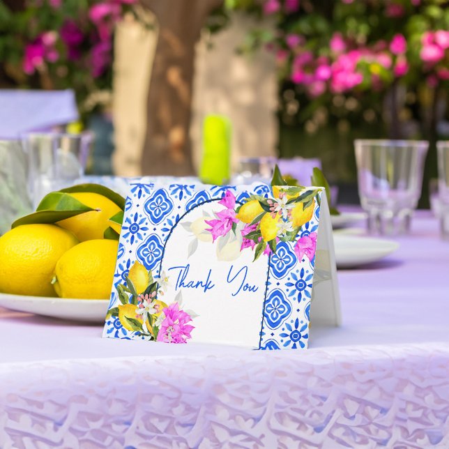 Blue tiles lemon bougainvillea Amalfi Positano Thank You Card (Blue tiles lemon bougainvillea Amalfi Positano Thank You Card Mediterranean themed bridal shower)