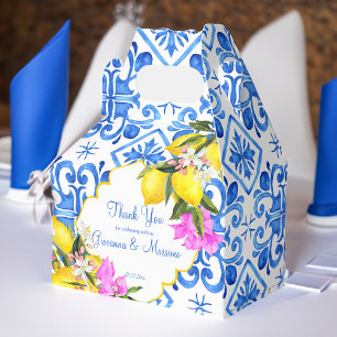 Blue tiles lemon Bougainvillea custom wedding gift Favour Box